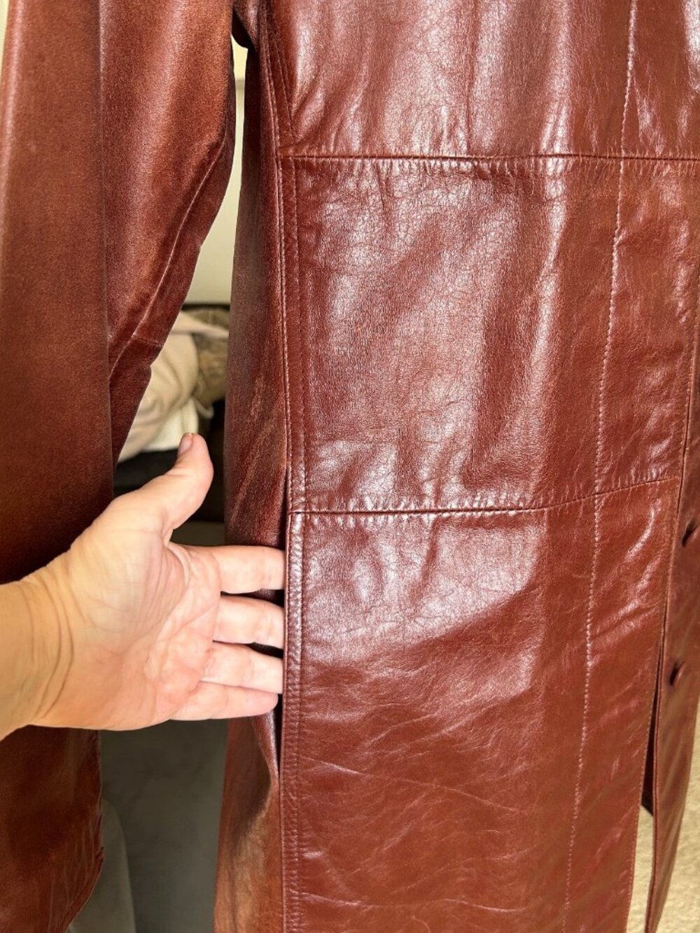 EXPRESS Coated Leather Mid-length Coat Rust Brown Size 3/4 EUC - Picture 6 of 9